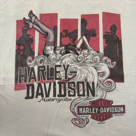 Harley Davidson Biker Girl Graphic Tee Shirt Size L Cream - Picture 3 of 7
